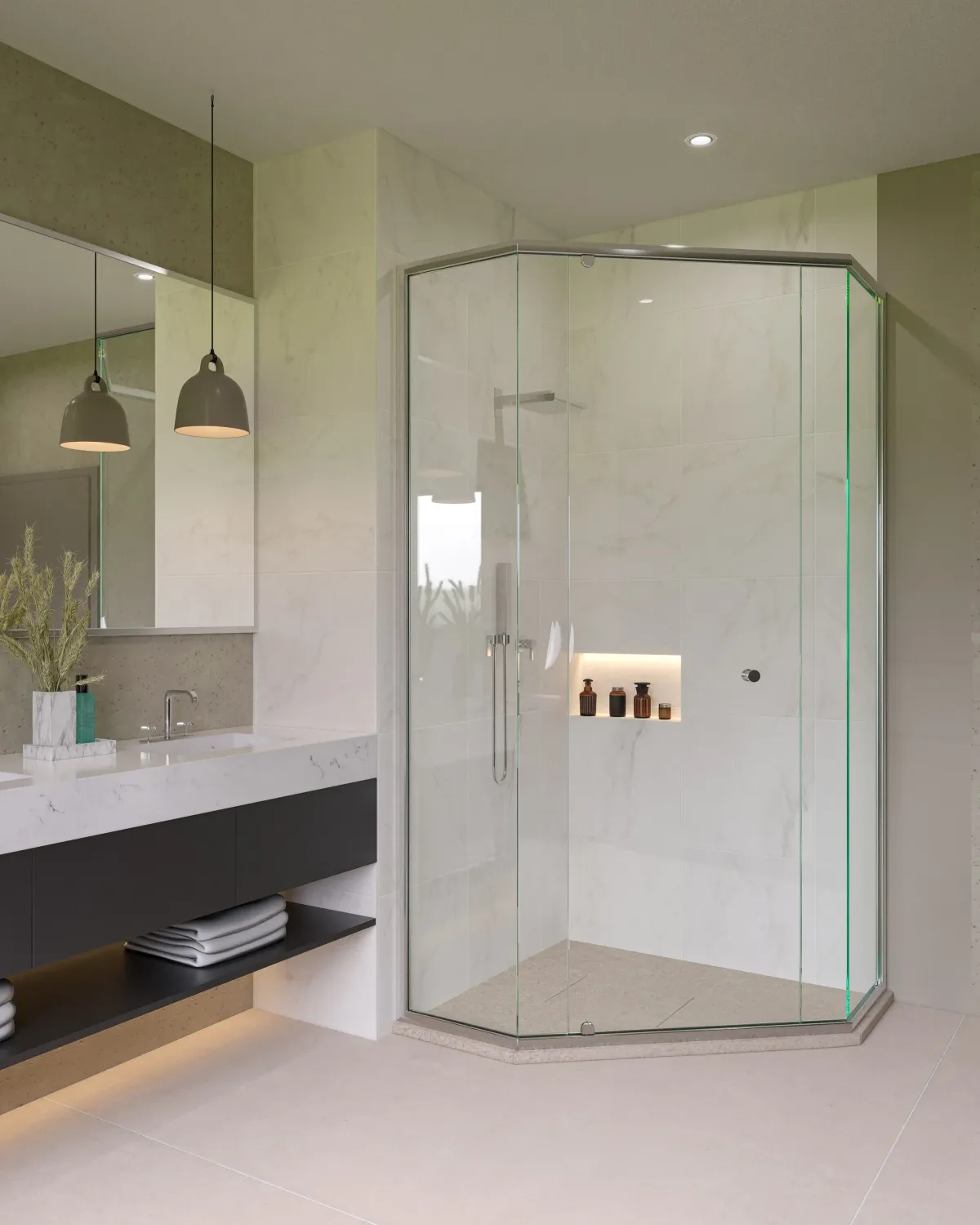 ascot bathroom with custom semi frameless glass shower screen, double vanity, pendant lights, and marble-look tiles.