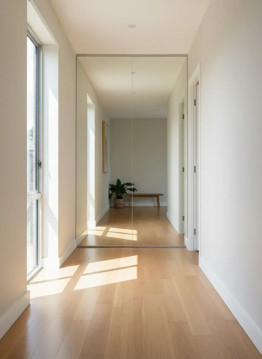 Large custom mirror panel enhancing light and space in an elegant Ascot interior.