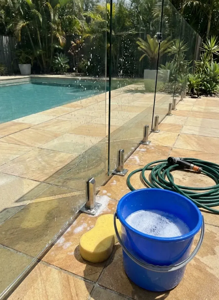 How to clean glass pool fences Ascot with warm soapy water and microfibre cloth to remove salt and chlorine residue