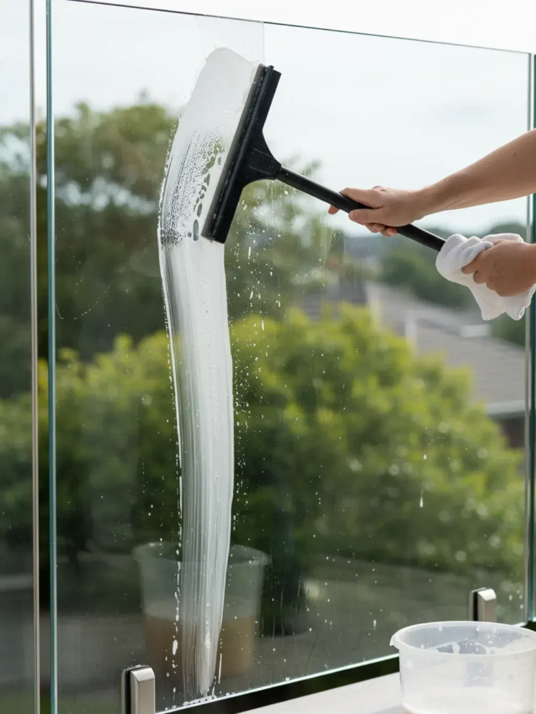 How to clean glass balustrades Teneriffe with microfibre cloth and squeegee, removing salt buildup for a long-lasting shine